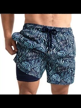 NWT Capele MIAMI Men's Navy & Aqua Patterned Swim Trunks with Inner Liner